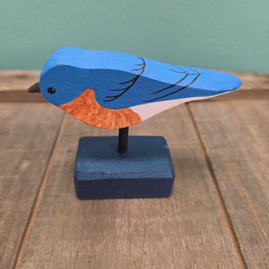 Hand Carved Wooden Eastern Bluebird on Base