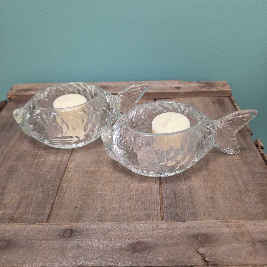 Two's Company Clear Glass Fish Tealight Holder - Set of 2