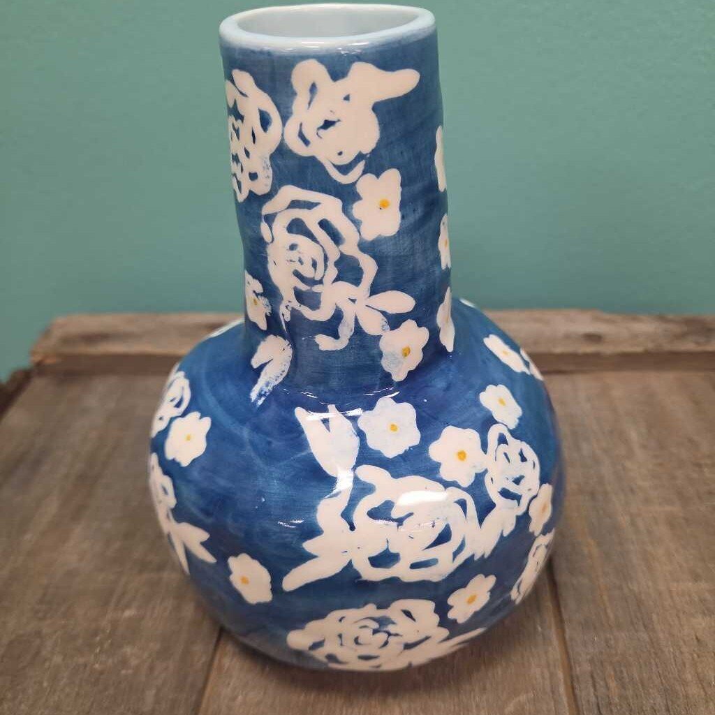 Leah Reena Goren Blue Floral Hand Painted Ceramic Bud Vase