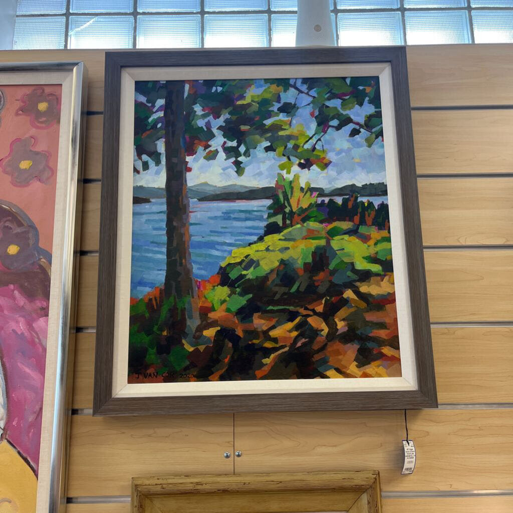 Original Acrylic on Canvas Forest & Lake Landscape by J. Van Cor