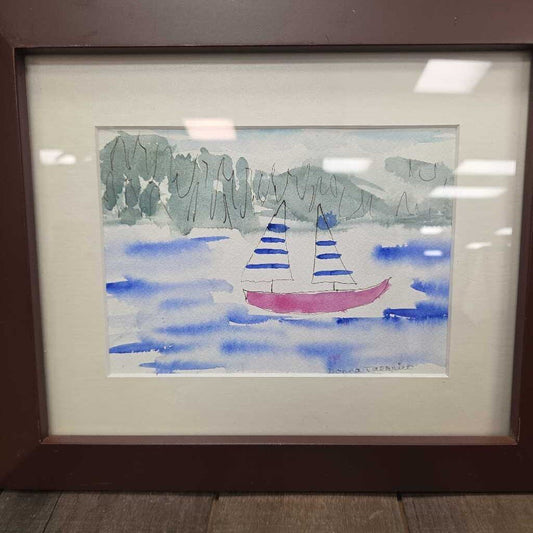 Original Sailboat Watercolor - Matted and Framed