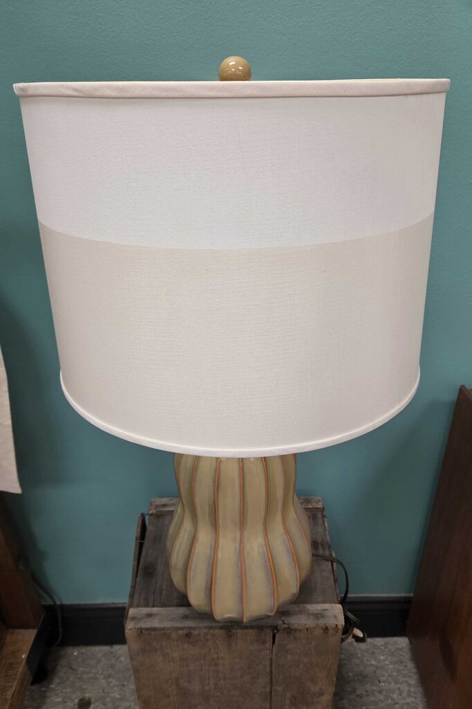 Ribbed Ceramic Gourd Lamp with Two-Toned Fabric Shade