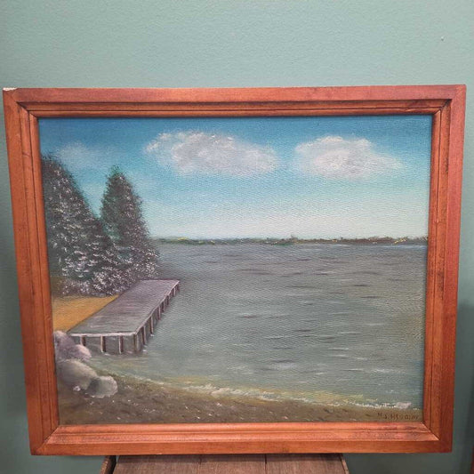 Original Framed Oil on Canvas - Lake and Dock
