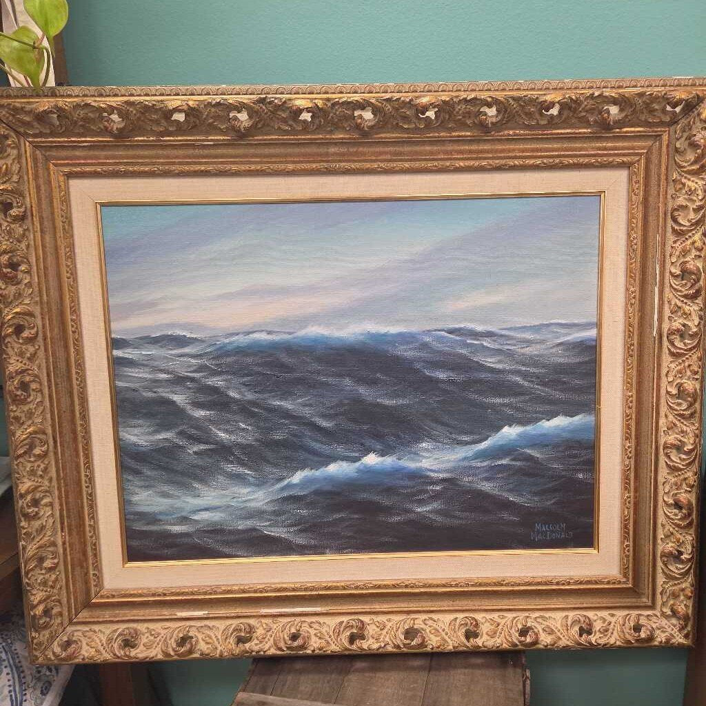 Original Malcolm MacDonald Oil Painting of Rough Seascape in Gilded Frame