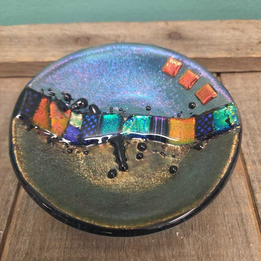 Abstract Fused Glass Dish with Iridescent Colors and Raised Decorations