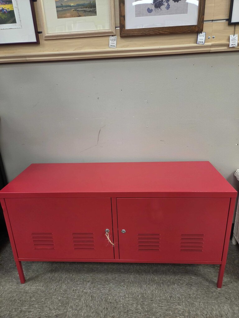 IKEA Red Metal Cabinet with Louvered Doors and Key