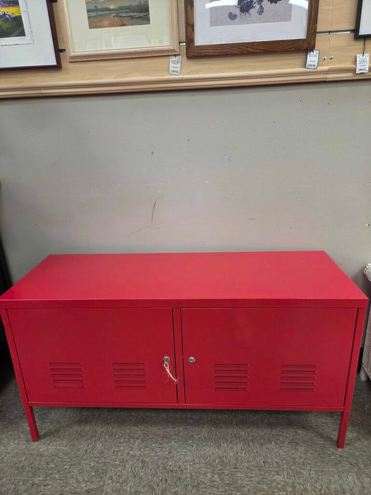 IKEA Red Metal Cabinet with Louvered Doors and Key