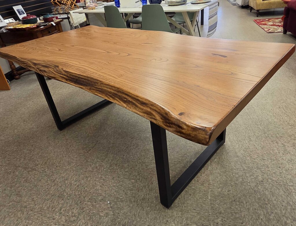 Custom Live Edge Elm Dining Table with Natural Wood Grain and Black Metal Base