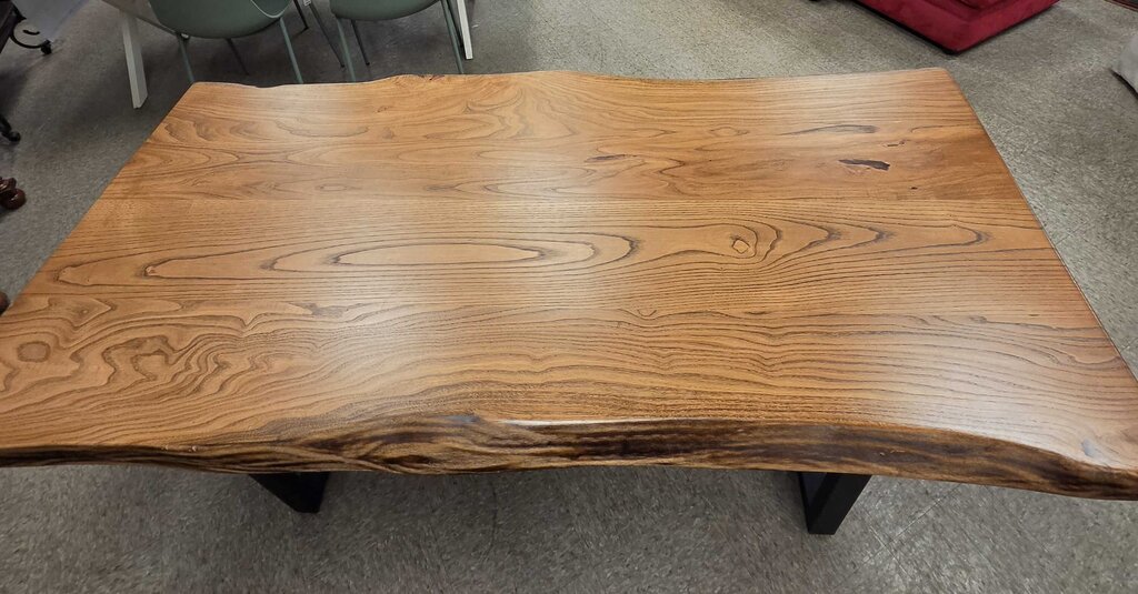 Custom Live Edge Elm Dining Table with Natural Wood Grain and Black Metal Base