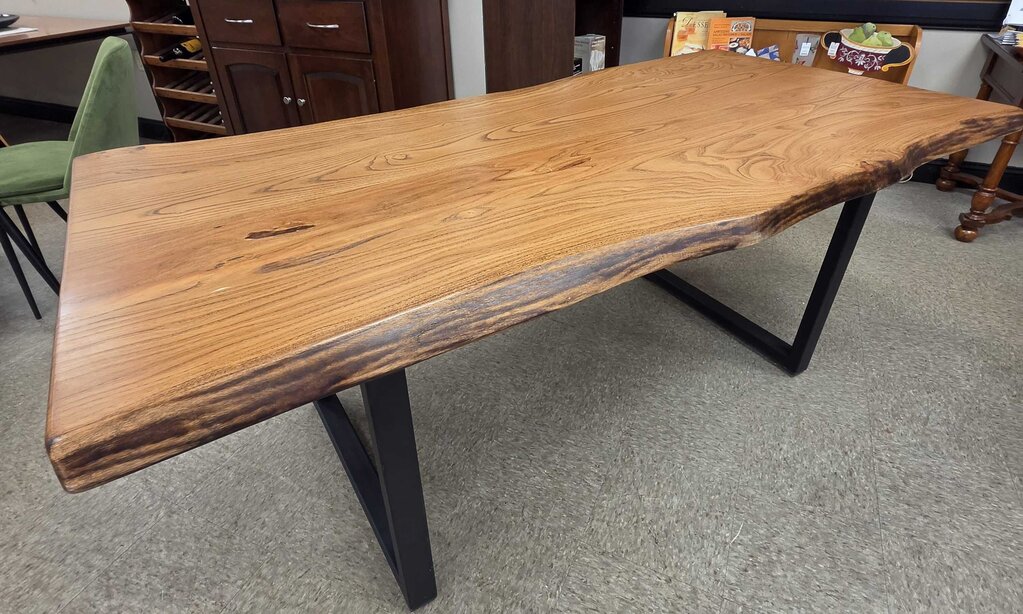 Custom Live Edge Elm Dining Table with Natural Wood Grain and Black Metal Base
