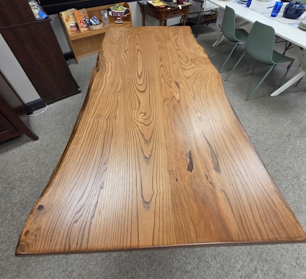 Custom Live Edge Elm Dining Table with Natural Wood Grain and Black Metal Base