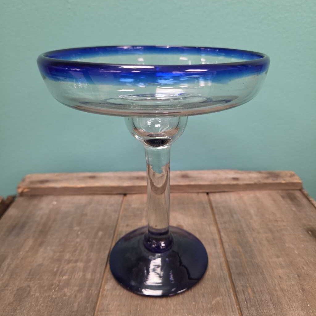 Hand Blown Margarita Glass with Blue Rim and Foot - Set of 4