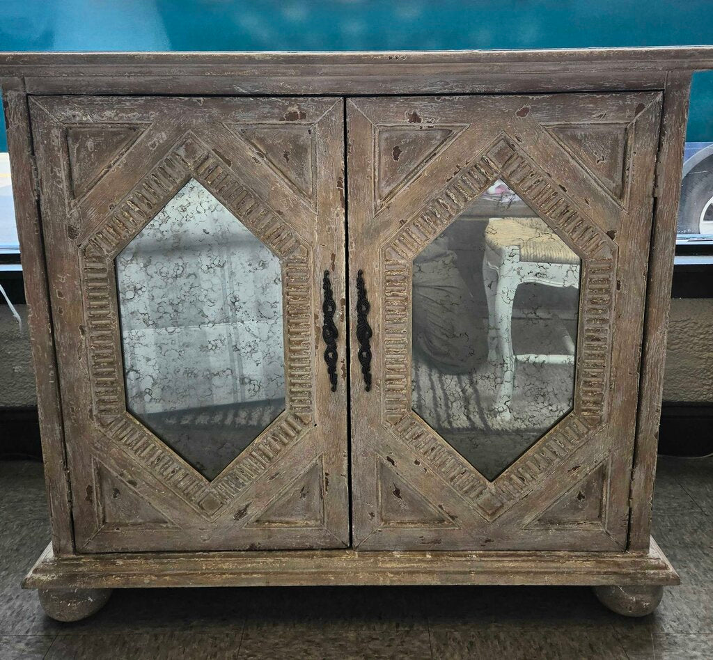 Distressed Wood French Provincial Style 2-Door Buffet Cabinet with Glass Doors