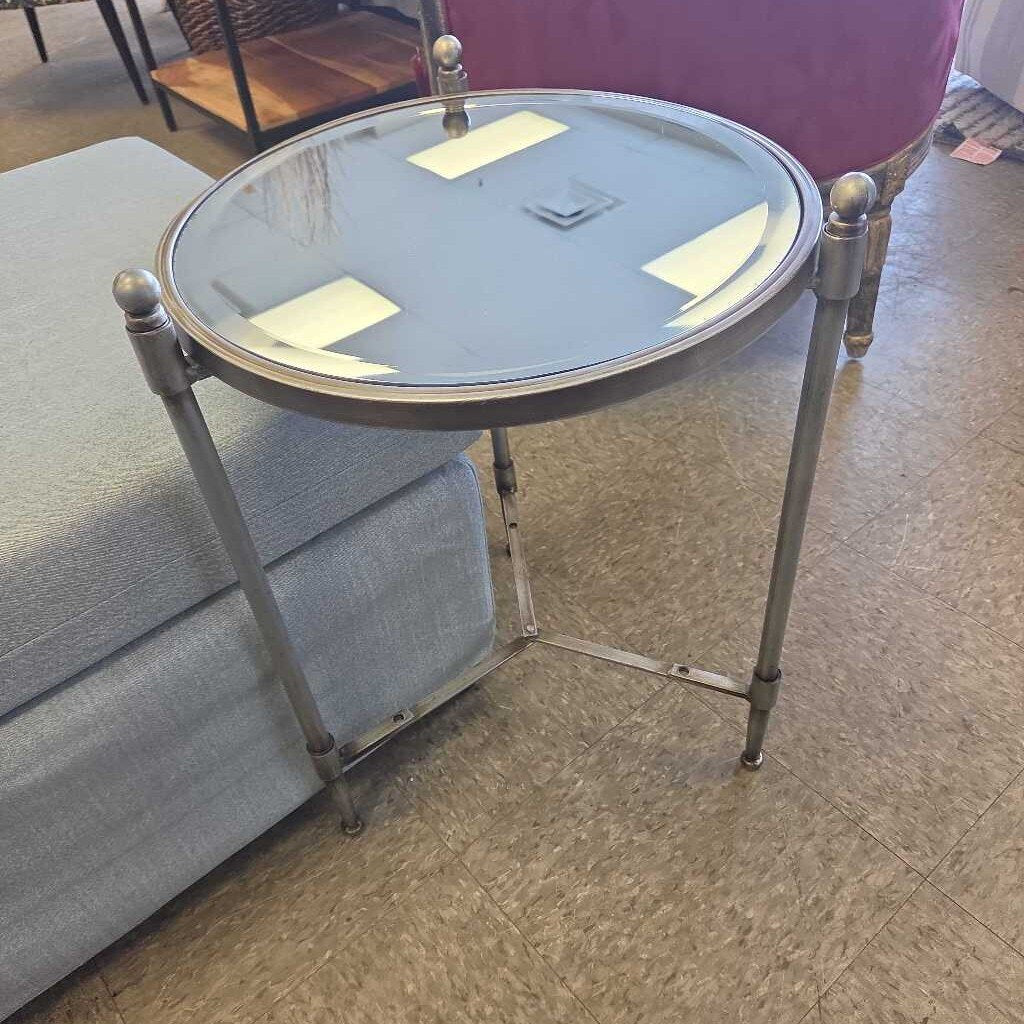 Mid-Century Modern Round Mirror Top Table w/Metal Frame
