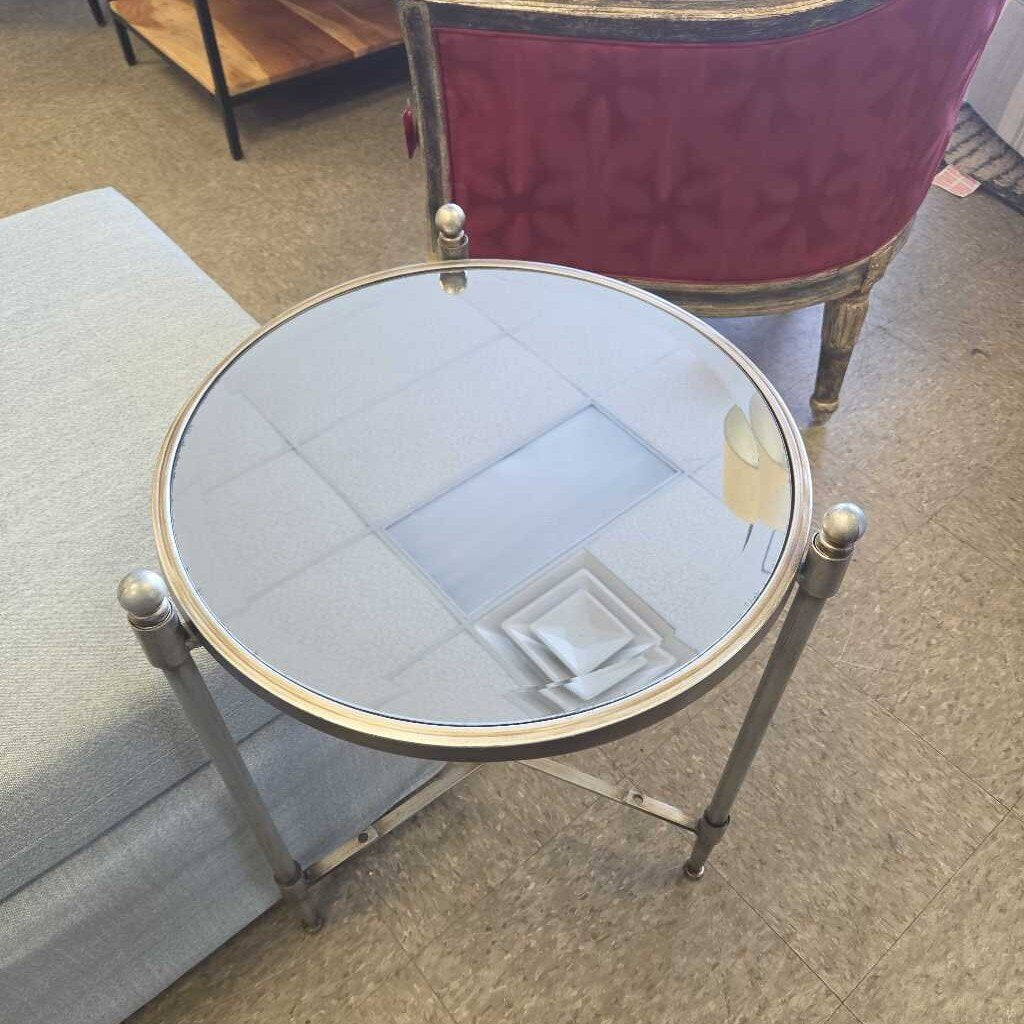 Mid-Century Modern Round Mirror Top Table w/Metal Frame