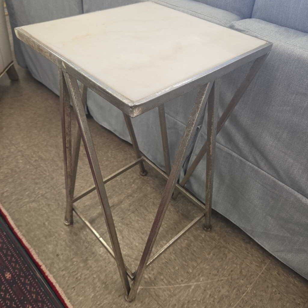 White Marble Top Accent Table with Silver Toned Metal Frame