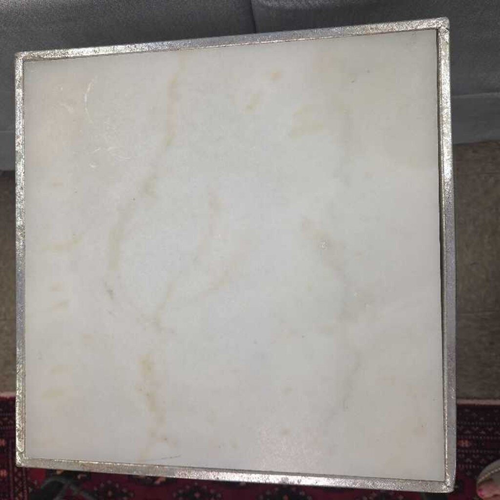 White Marble Top Accent Table with Silver Toned Metal Frame