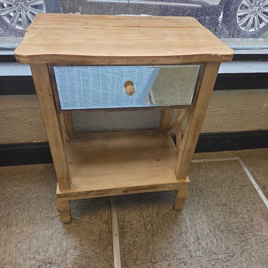 Natural Wood Nightstand with Mirrored Drawer and Shelf