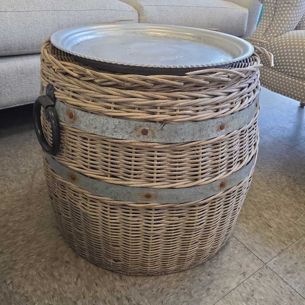 Rattan Barrel Storage End Table with Iron Handles and Silver Tray Topper