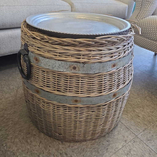 Rattan Barrel Storage End Table with Iron Handles and Silver Tray Topper