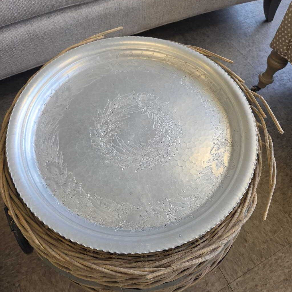 Rattan Barrel Storage End Table with Iron Handles and Silver Tray Topper
