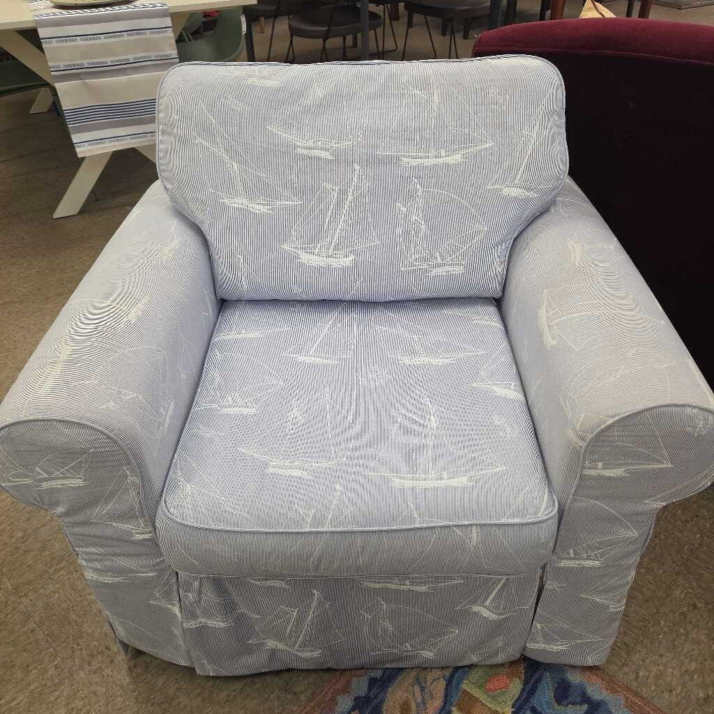 Upholstered Armchair with Blue Stripe and Sailboat Pattern