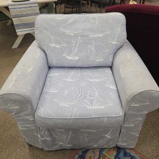 Upholstered Armchair with Blue Stripe and Sailboat Pattern