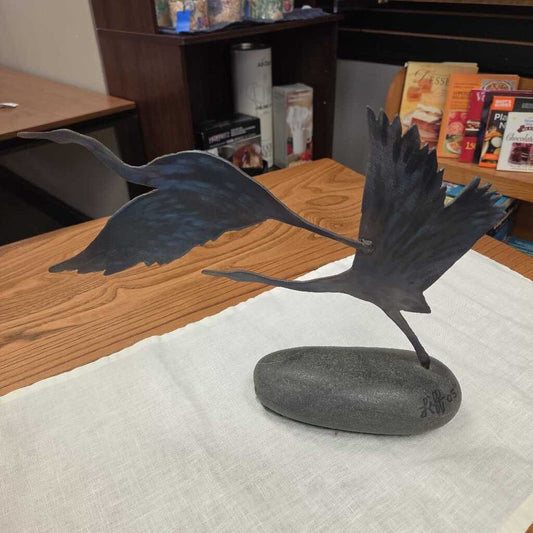 Cut Iron Heron Sculpture on Stone Base
