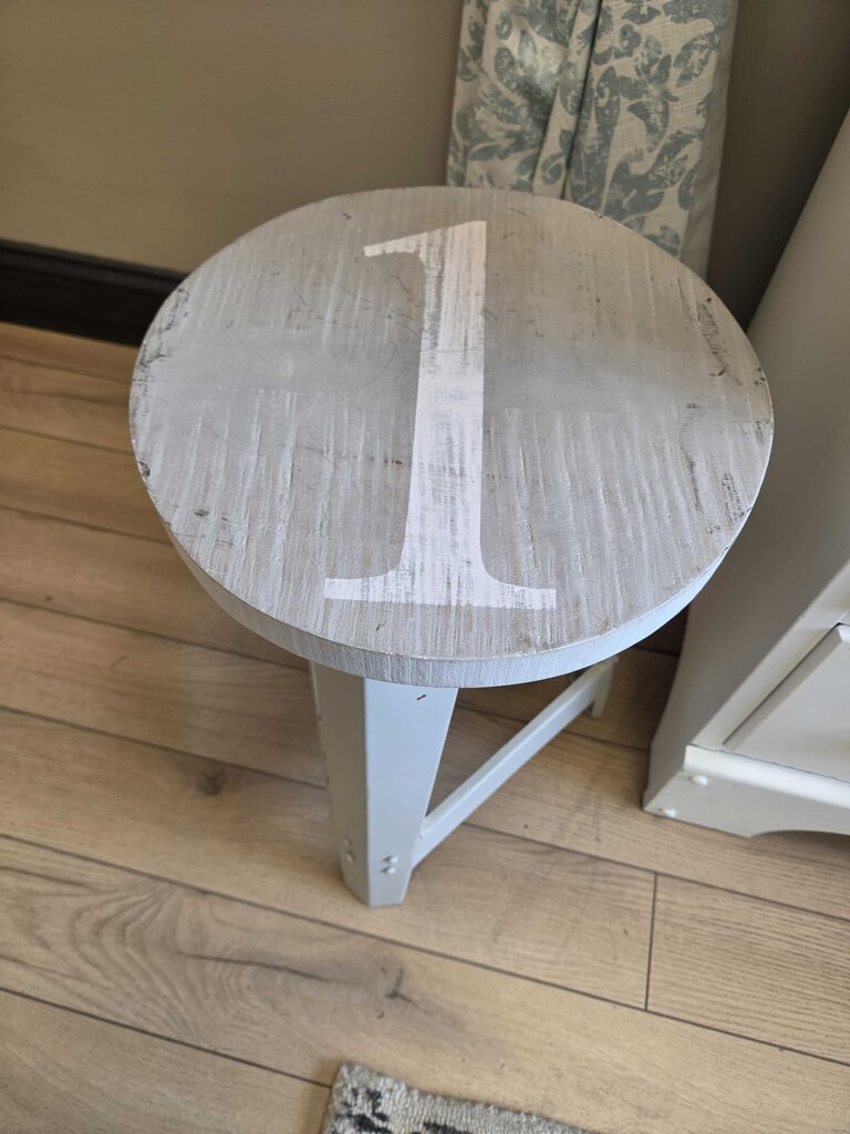 Wooden Stool with Metal Frame, Hand Painted "1" on Seat