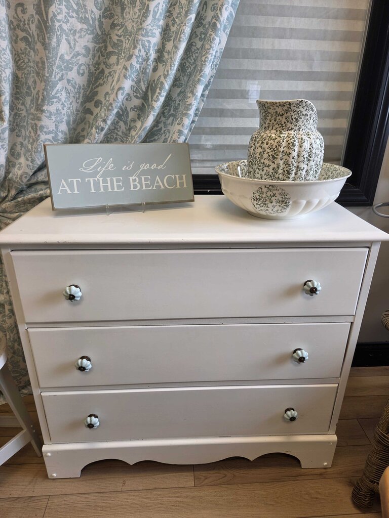 White Solid Wood 3-Drawer Dresser w/Blue Ceramic Knobs