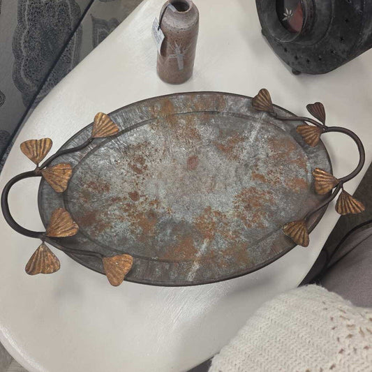 Vintage Patinaed Metal Oval Tray w/Decorative Ginko Leaf Handled