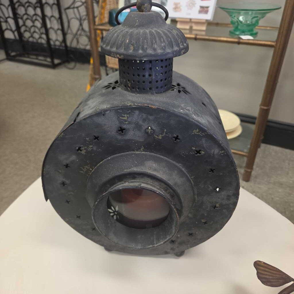 Vintage Black Punched Tin Candle Lantern with Smoke Stack