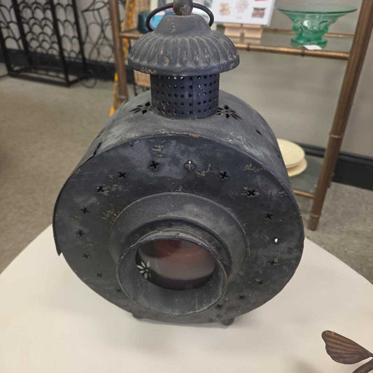 Vintage Black Punched Tin Candle Lantern with Smoke Stack
