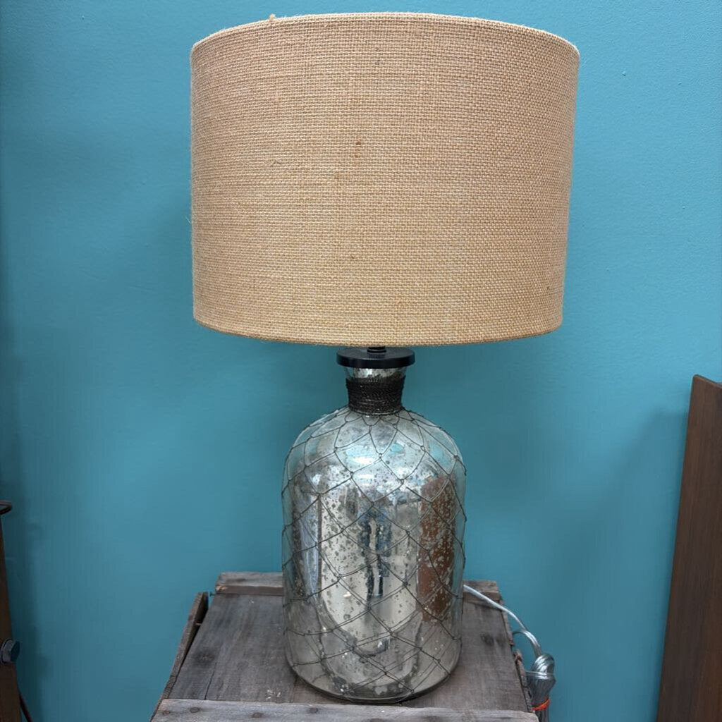 Vintage Silver and Beige Table Lamp with Burlap Shade