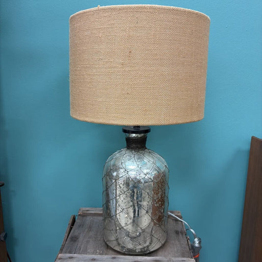 Vintage Silver and Beige Table Lamp with Burlap Shade