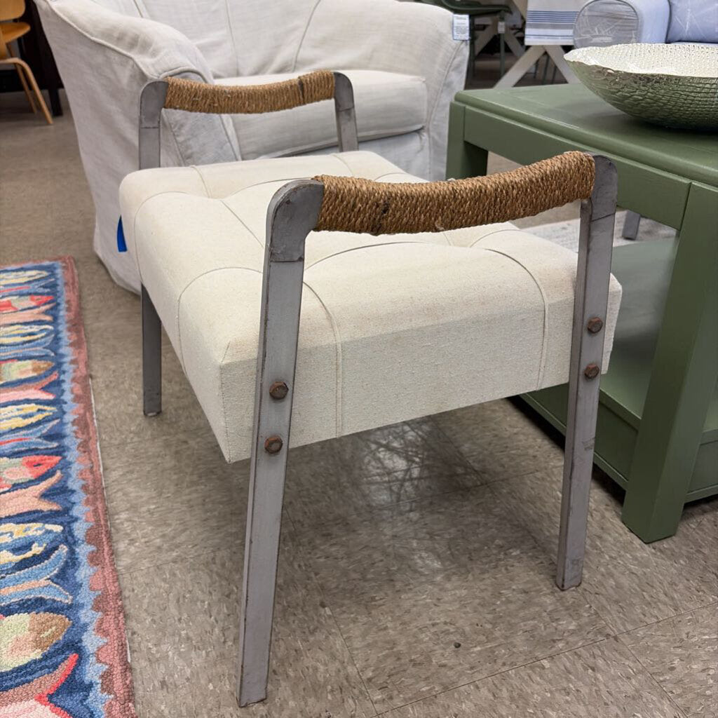 Cottage-Style Tufted Upholstered Bench with Rope Wrapped Metal Frame