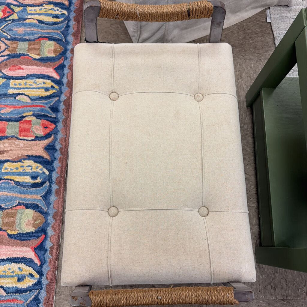 Cottage-Style Tufted Upholstered Bench with Rope Wrapped Metal Frame