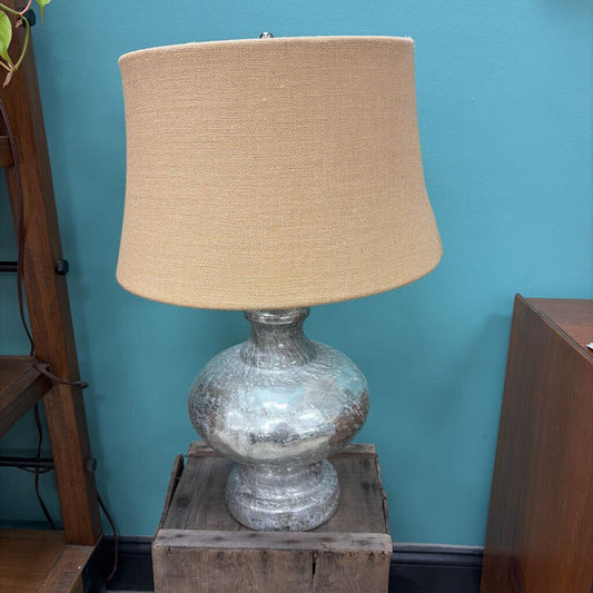 Pottery Barn Mercury Glass Silver Lamp, Burlap Shade