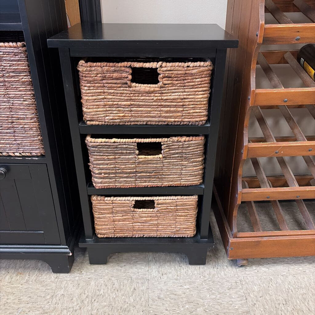 Black Storage Stand with Woven Baskets