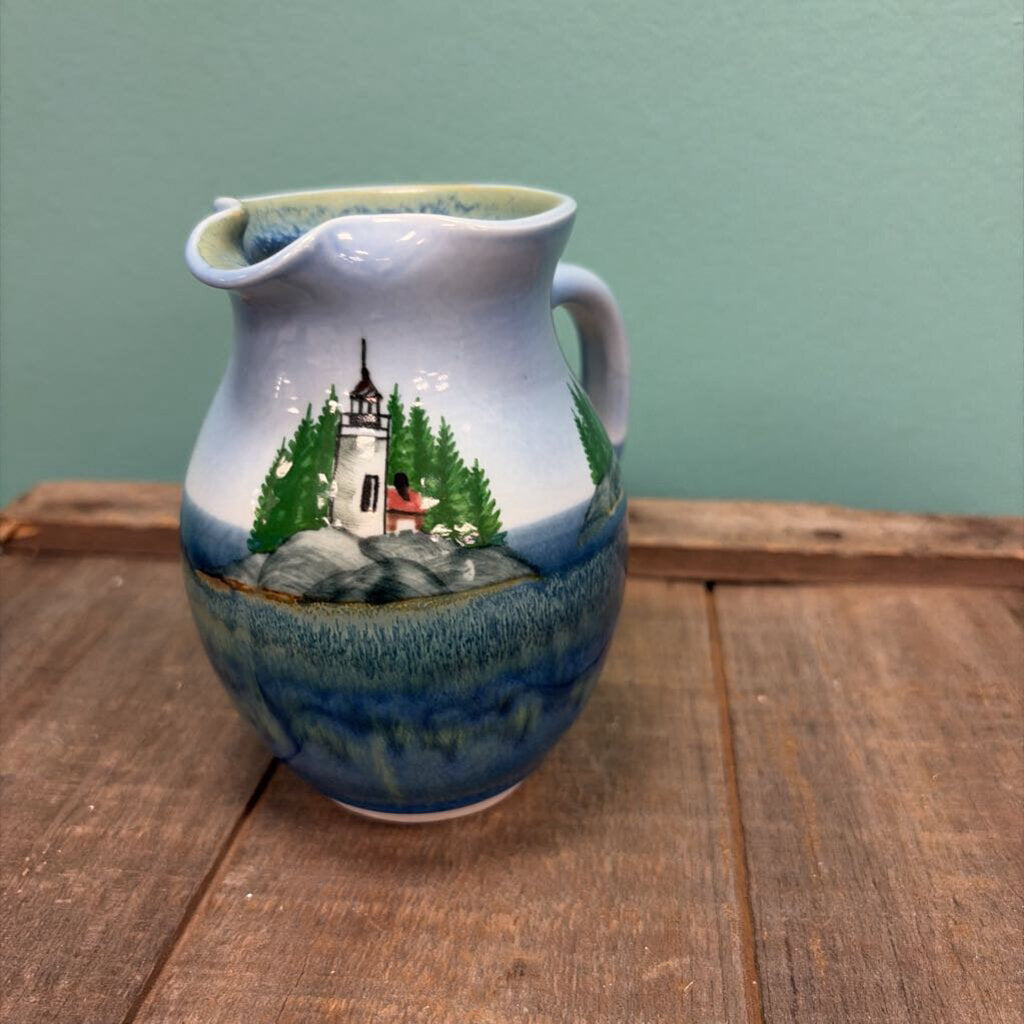 Georgetown Pottery Scenic Ceramic Pitcher with Lighthouse and Forest Design