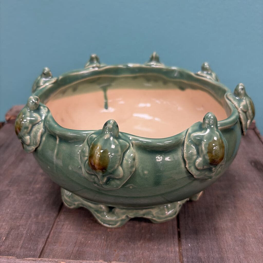 Vintage Green Ceramic Planter with Turtle Accents