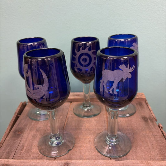 Engraved Blue Glass Stemware Set of Five