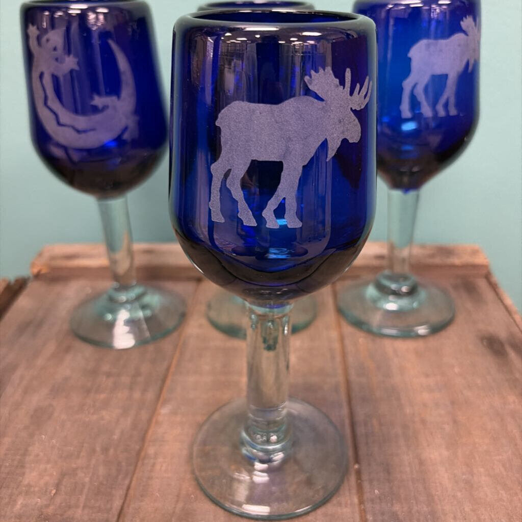 Engraved Blue Glass Stemware Set of Five