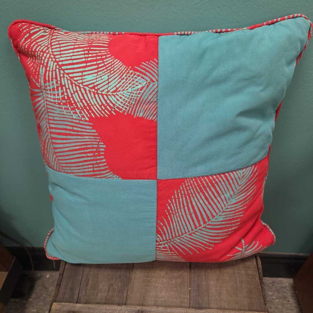 Red and Teal Palm Leaf Throw Pillow