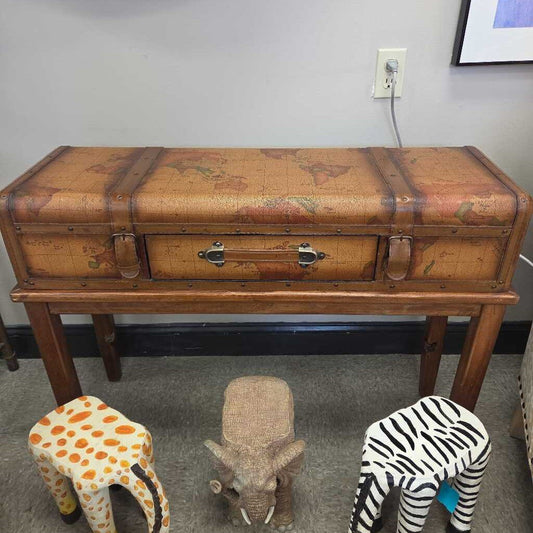 Vintage Style World Map Luggage Trunk Side Table