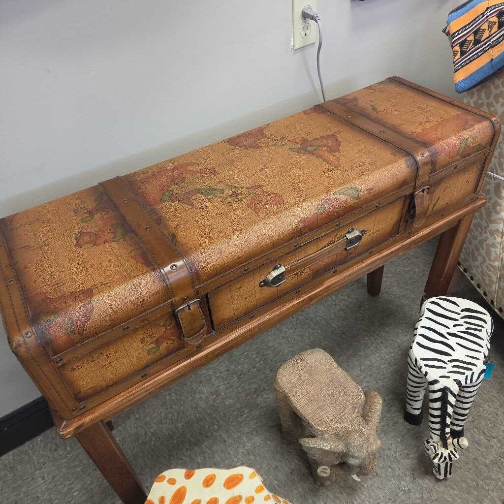Vintage Style World Map Luggage Trunk Side Table