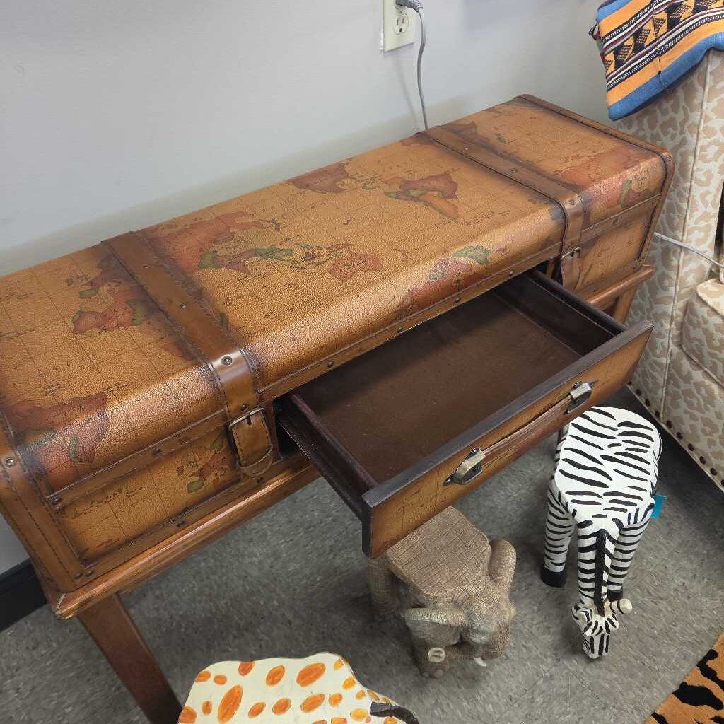 Vintage Style World Map Luggage Trunk Side Table