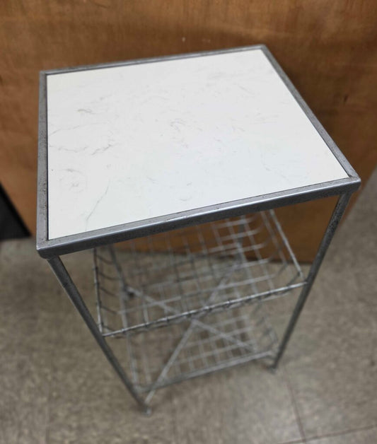 Industrial Style Side Table with Marble Top and Two Metal Baskets