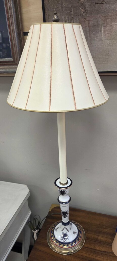 Vintage Frederick Cooper Porcelain and Brass Candlestick Lamp w/Striped Paper Shade