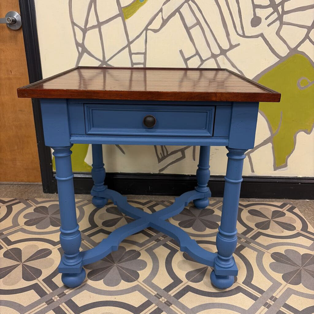 Hekman Vintage Knotty Square Pine Rustic European Style Accent Tables, with Blue Base